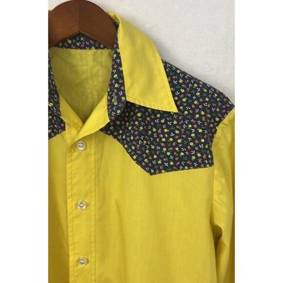 Vintage Retro Western Button Down Shirt Yellow Blue Ditzy Floral Single Stitch - Picture 3 of 12